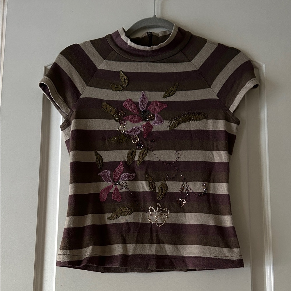 Vintage Y2K GRUMANN Striped Beaded Floral Knit Women’s Top Mock Neck Size S